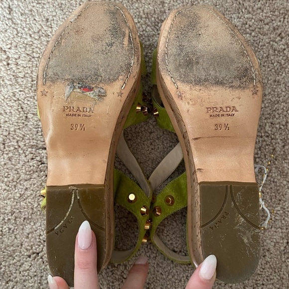 Prada- Lime Green Gold Studded Sandal with Cork wedge heel - Picture 5 of 8